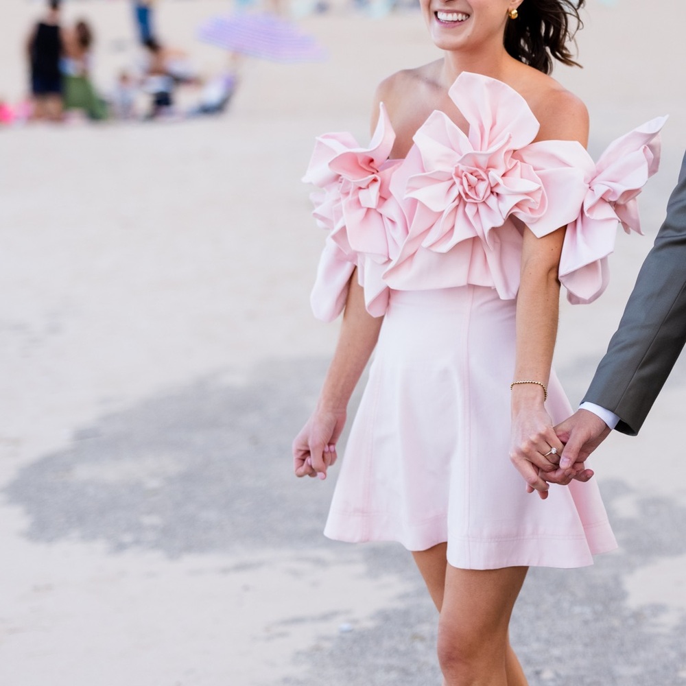 Aje Pink Off-Shoulder Mini Dress with Floral Ruffle Detail